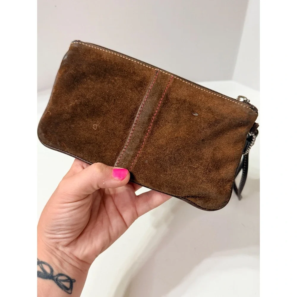 Vintage Coach Brown Suede Pink Trim Turnlock Wristlet Pouch Wallet Bag